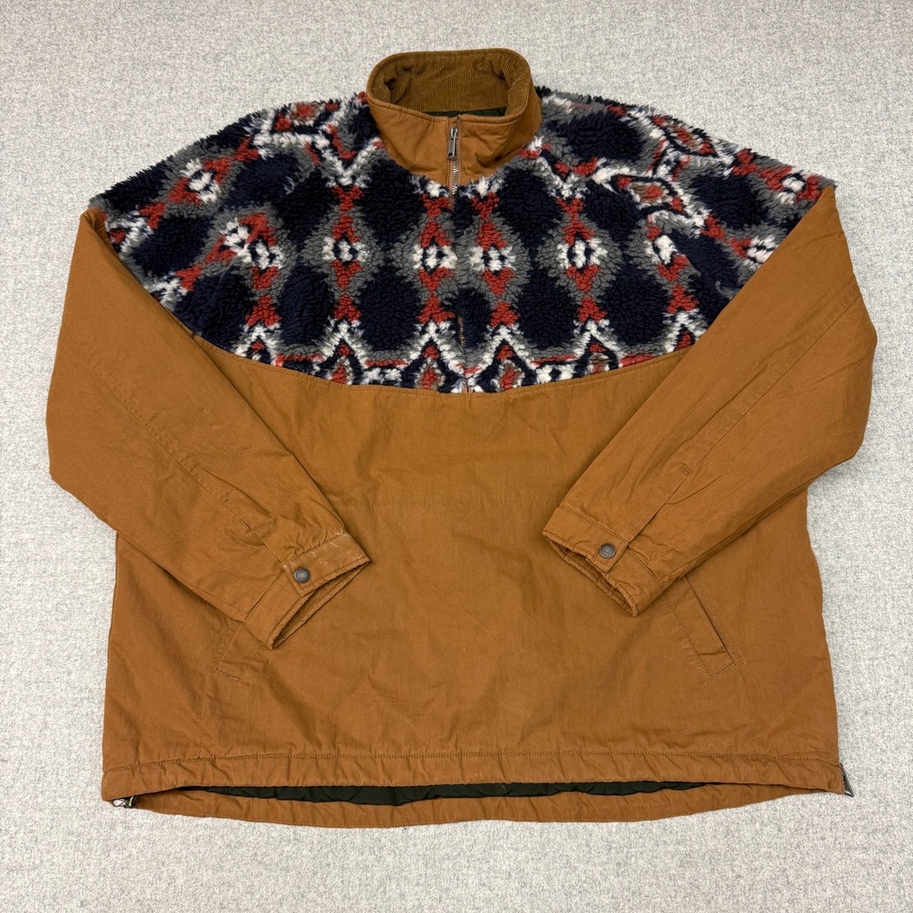 Lucky Brand Pullover Jacket XXL Brown Southwestern Faux Fur Sherpa Quarter Zip